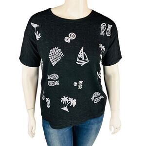 Vintage LA Lights XL Blouse Black Texture Boat Shell Fish Stretch Short Sleeve